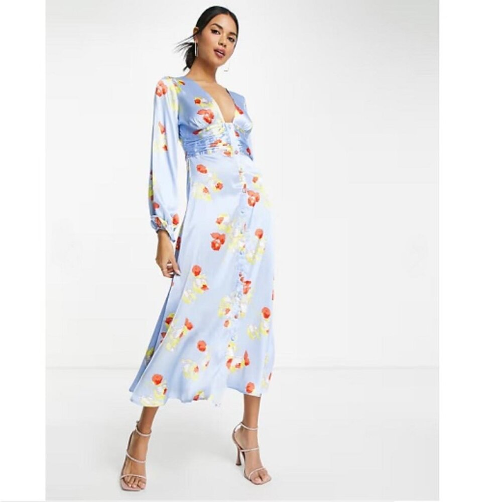 ASOS Satin Button Through Midi Dress with Fluted Sleeves in Floral Print sz 6 US